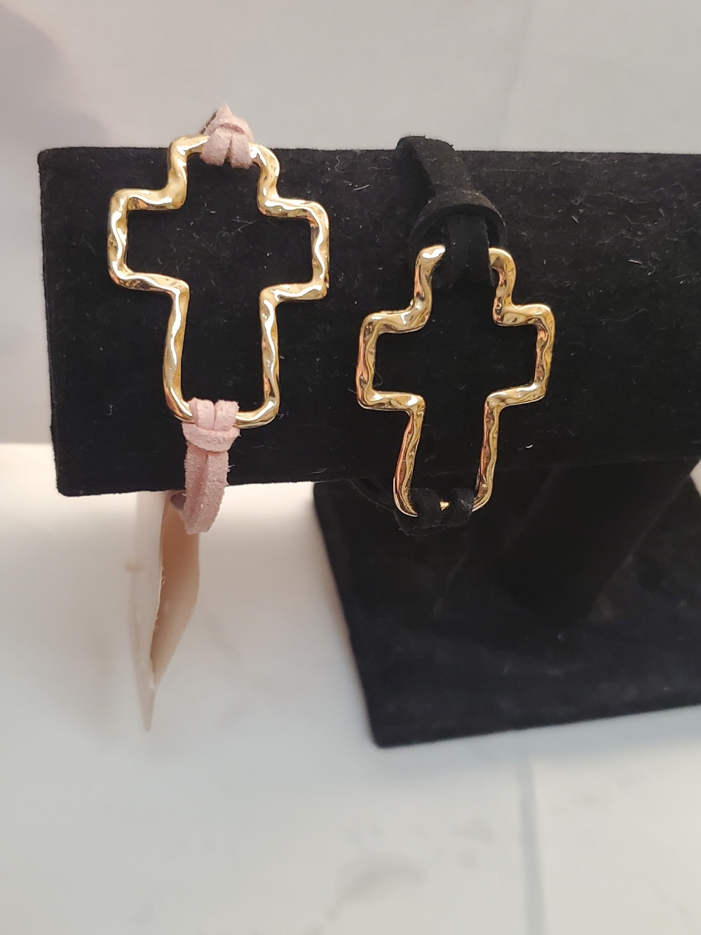 Gold Cross Fabric Cord Bracelet - Pink and Black 2pc.